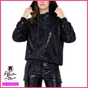 Alice + Olivia Niki Black Sequin Funnel Neck Cropped Pullover Hoodie Sweater